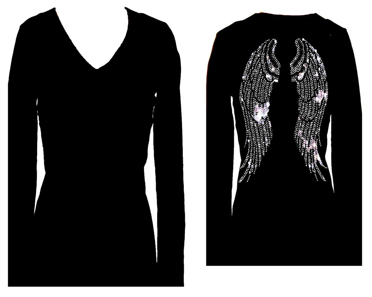 ALL RHINESTONE ANGEL WINGS V NECK LONG SLEEVE TEE SHIRT | eBay