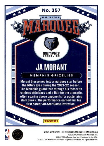 Ja Morant 2021-22 Chronicles Marquee Bronze - #357 - Memphis Grizzlies - Picture 2 of 2