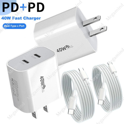 2x For iPhone 17 16 15 14 13 12 X iPad Pro USB C 40W Fast Charger Block PD Cable