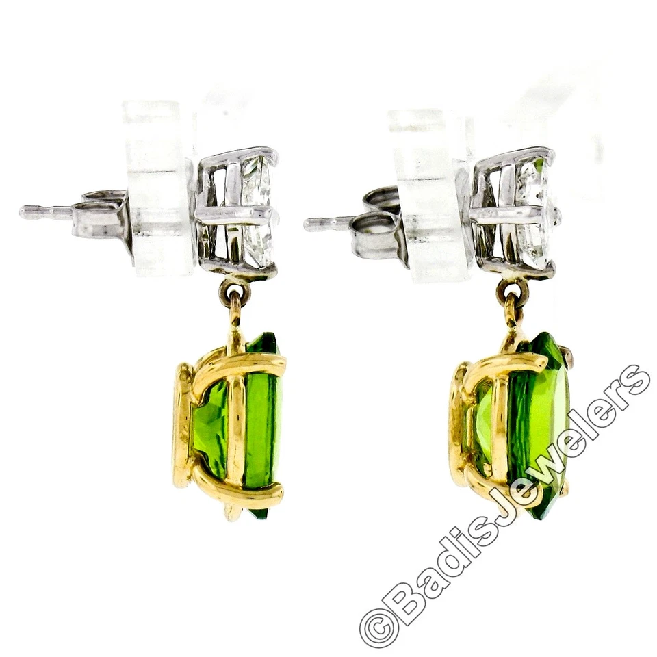 14K TT Gold 5.70ctw Oval Peridot Princess Cut Diamond Dangle Drop Earrings - Image 4 of 4