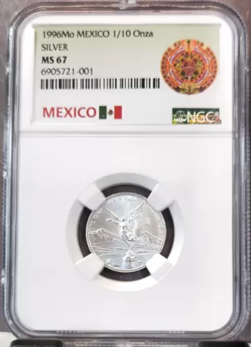 1996 MEXICO SILVER LIBERTAD 1/10 ONZA NGC MS 67 RARE HIGH GRADE GEM COIN