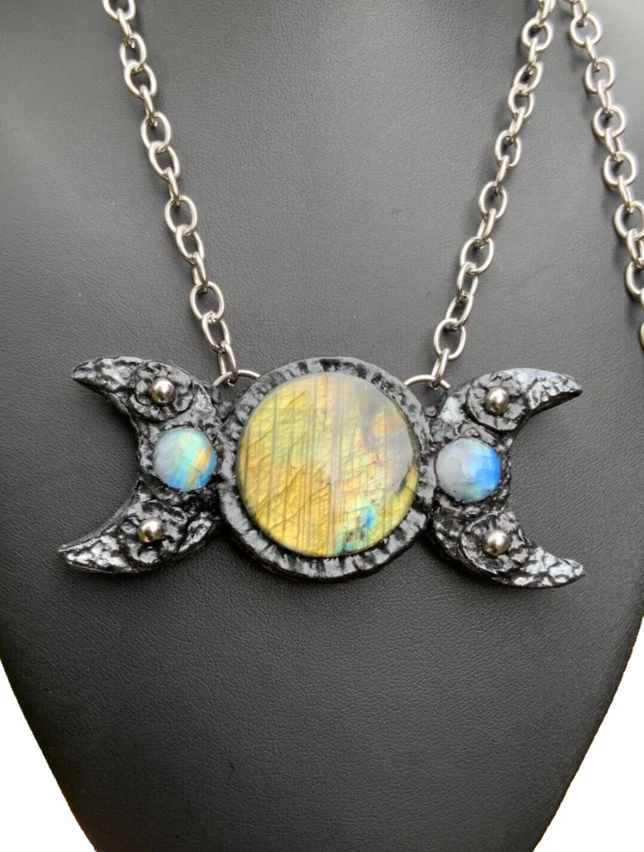 Huge Labradorite Pendant Necklace Triple Moon Artisan Handcrafted - Image 2 of 4