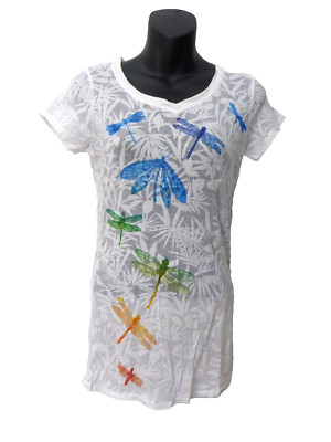 Cache Teez White Dragonfly  Sheer Cotton V Neck Tee Shirt Top M