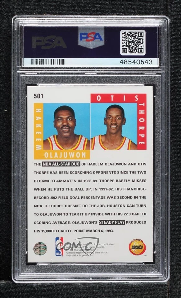 1992-93 Upper Deck Scoring Threats Hakeem Olajuwon Otis Thorpe PSA 10 GEM MT HOF - Image 2 of 2