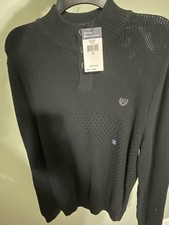 Chaps Sweater Men's Medium Black Pullover Henley Brown Elbow Patches Cotton