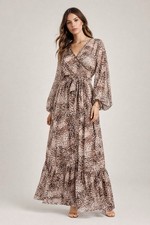 NWT Express Leopard Print Maxi Dress Long Sleeve Tie Waist Boho M/L