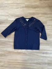 Christopher Banks Navy Blue Beaded Embroidered Cardigan Sweater 100 Cotton LG