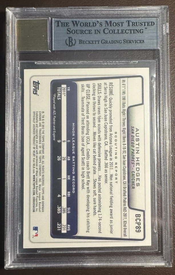 2012 Bowman Chrome Prospect Autos #BCP89 Austin Hedges (BGS9BAS10) Padres - Image 2 of 2