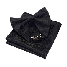 Fashion New Paisley Adjustable Pre-tied Big Bow Tie and Pocket Square Black