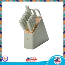 12pc Sage Green Stainless Steel Knife Block Set with Soft Grip Handles