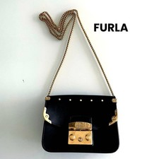 FURLA Metropolis Leather Shoulder Bag Black Chain Strap Gold Used From Japan
