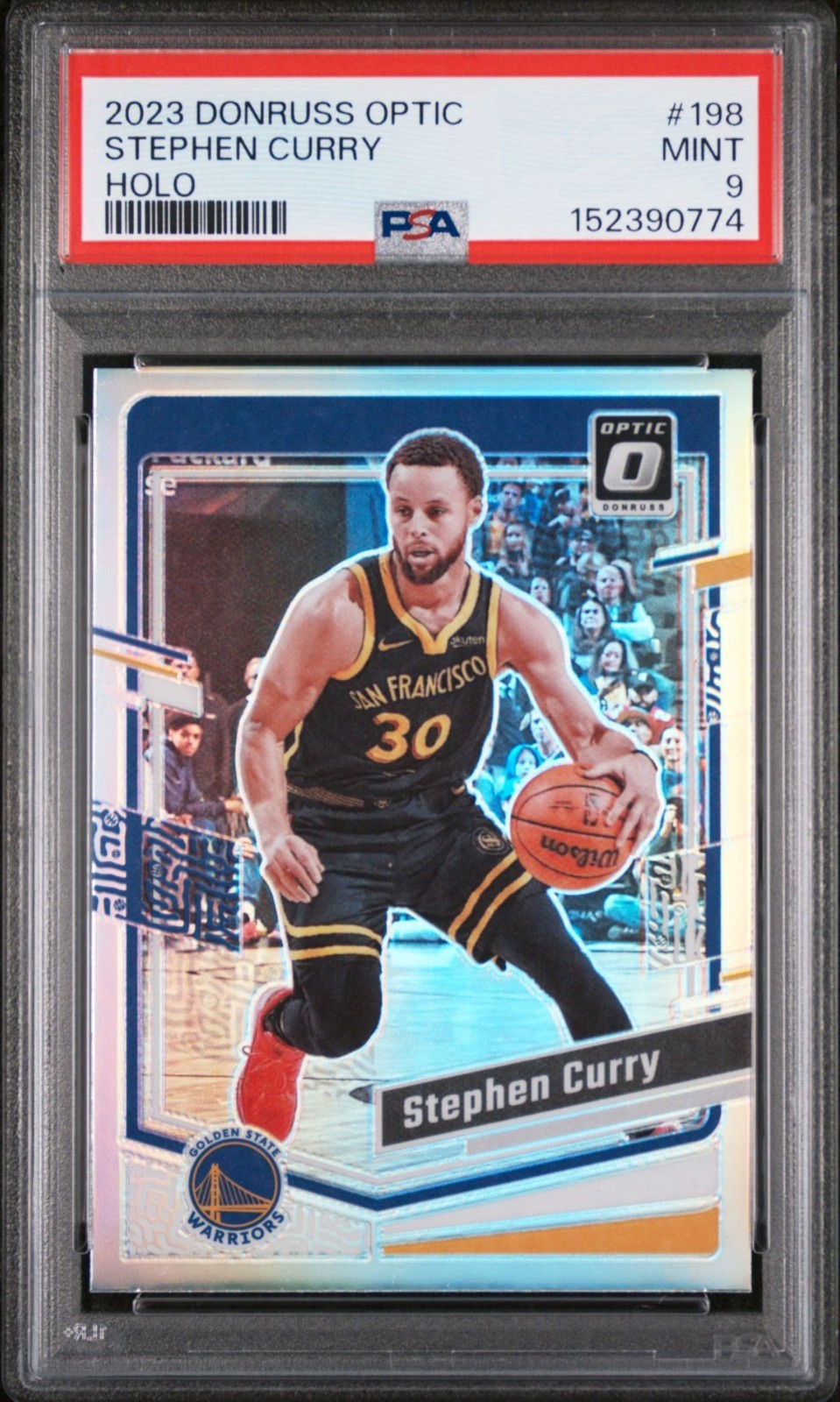 STEPHEN CURRY PSA 9 ~ HOLO PRIZM ~ 2023 DONRUSS OPTIC #198 ~ WARRIORS view 2