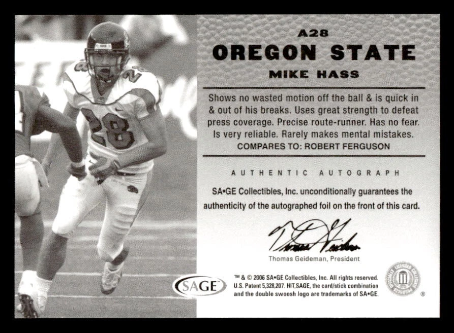 2006 SAGE HIT #A28 Mike Hass Autographs Silver - Image 2 of 2