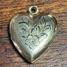 VINTAGE 10K G.F. Gold-G.F. Heart Locket – Etched Floral Design– 1/20. .75”