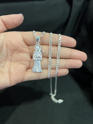 .925 Sterling Silber Damen kleiner Santa Muerte Sensenmann & Panzerkette 20 24 30