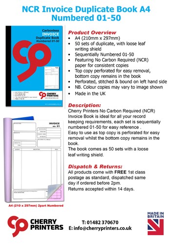 Kirsche NCR Rechnung Duplikat Buch A4 (210mm x 297mm) 50 Sets nummeriert 01-50 - Bild 2 von 5