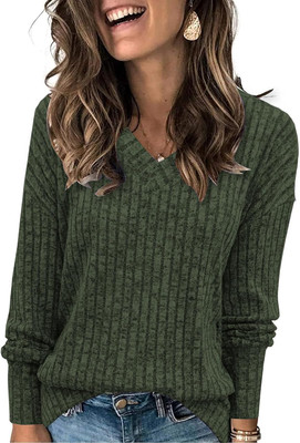 Damen Pullover V-Ausschnitt Langarm Oberteile Frauen weicher Pulli Seitenschlitze
