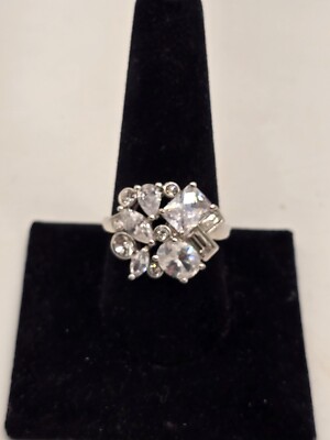 Vintage NVC NATALIYA V COLLISTER Clear Crystal Glass Silver Tone Ring Cluster 10