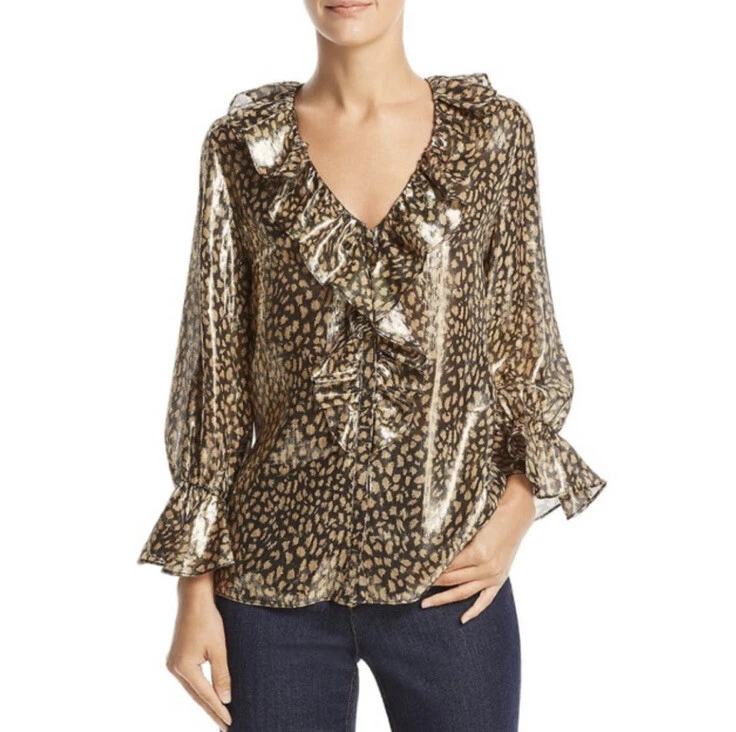 Blusa ALICE + OLIVIA XS Elliot Dorada Metálica Volantes Leopardo Cóctel Seda Aa2
