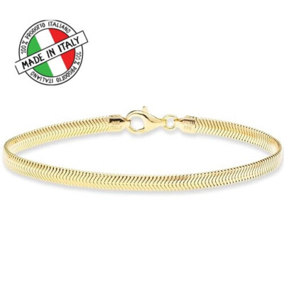 Italienisches 18K Gold 925 Sterling Silber 4mm flach Schlange Fischgrät Armband 7,5 Neu