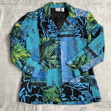 Chico s Silk Linen Jacket Blazer 1 Medium Asian Inspired Teal Blue Multi
