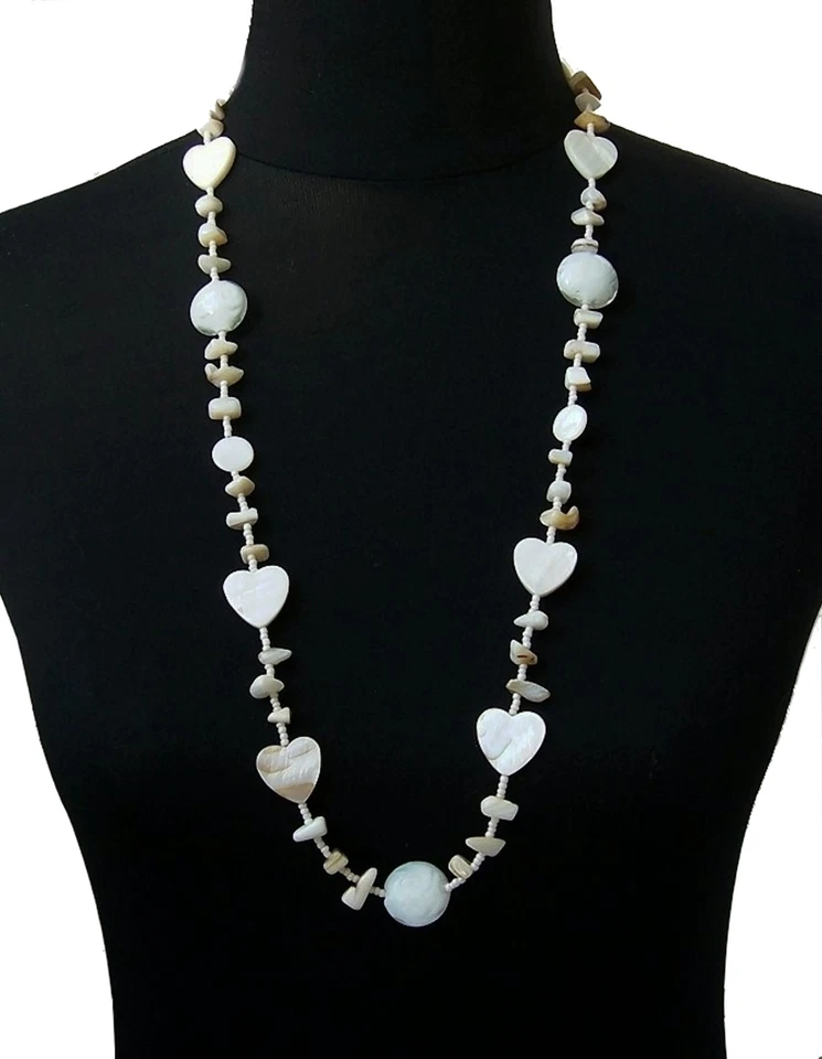 Kette lange Halskette BOHO Vintage echt Perlmutt Herz weiß 78-84cm Schmuck Z81 - Bild 2 von 2