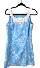 Ann Taylor Loft Light Blue Floral White Trim Neck Sleeveless Dress Size 6