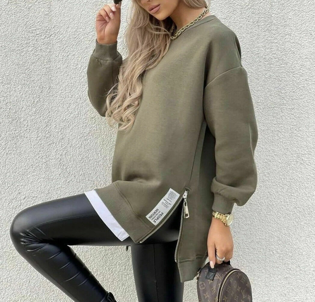 Women Oversized Side Zip Style Sweatshirt Ladies Winter Fashion Jumper Top 8 14