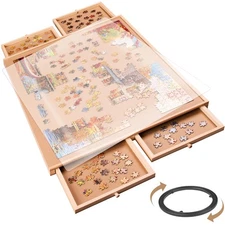 Rotating Wooden Puzzle Board for with 6 Storage Drawers & Protective Cover – ...