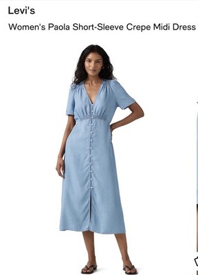 Levi's Paola Women's V-Neck Button Crepe Lyocell Midi Dress Blue 1X