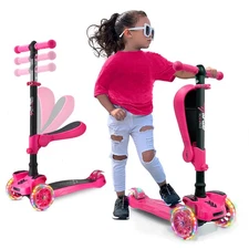 Hurtle 3-Wheel Kids Scooter: Sit/Stand, Adjustable, Light-Up Wheels 1 Yr+ (Pink)