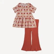 NIB Kate Quinn 12-18m Short Sleeve Top Flare Pant Set Pink Dandelion Puff Cotton