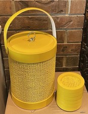 Yellow 1960s Ice Bucket Insulated Spongy Mesh Covering Acrylic With 6 Coasters