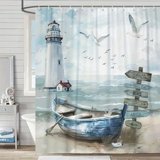 Nautical Lighthouse Beach Boat Shower Curtain Coastal Seagulls Bathroom Decor