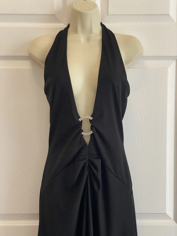 Vintage 90s Cache Maxi Dress Gown Black Low Plunge Neckline Rhinestone Sexy Sz 8 - Image 2 of 4