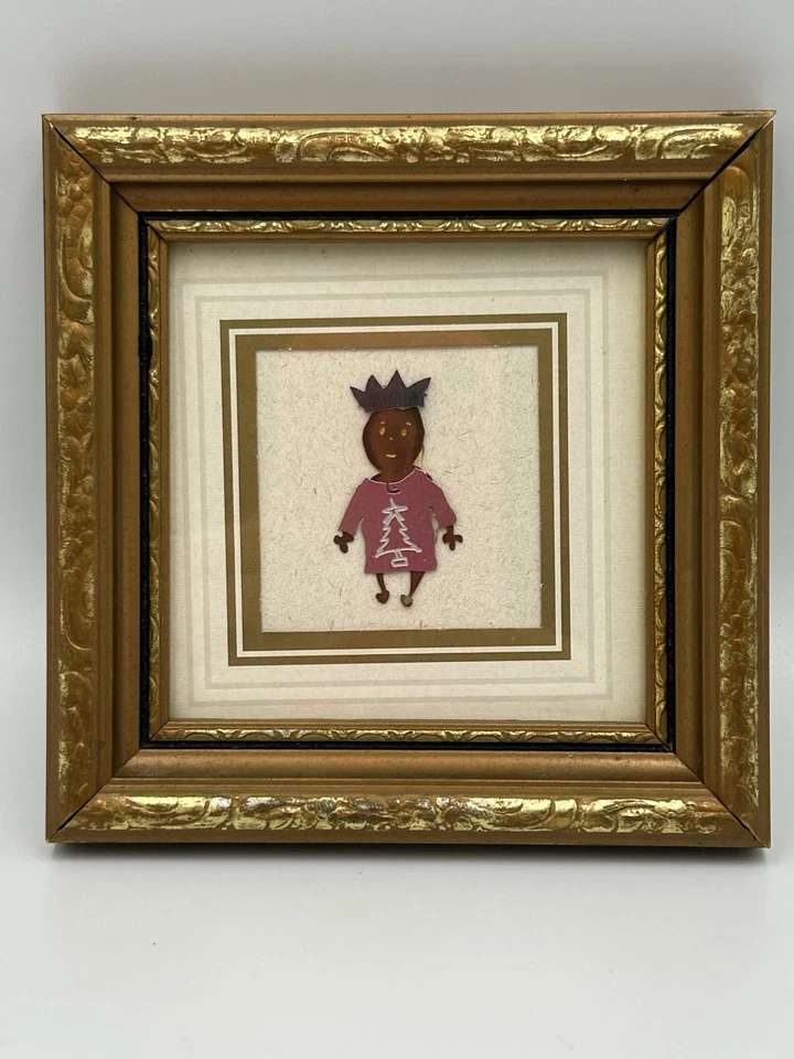 Small Handmade Folk Art Christmas Mixed Media Tin Cut-Out in Gilt Frame Vtg - Image 3 of 4