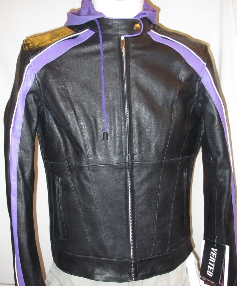Womens Black & Purple Embroidered Leather Motorcycle Biker Jacket Zip Hoodie 2XL - Image 2 of 4