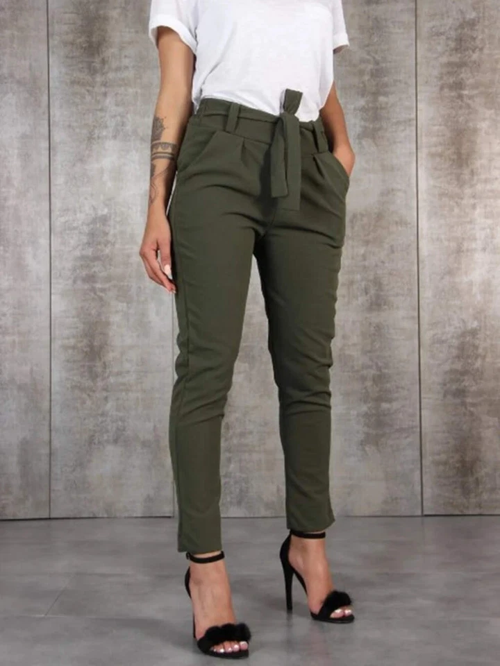 Pantalones finos ajustados informales para mujer cintura alta negros caqui verdes pantalones mujer pantalón Foto 2 de 4