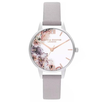 Olivia Burton Women's Watch Watercolour Floral White Dial Grey Strap OBGSET45