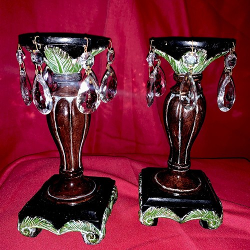 Pair Of Wood Candle Holders With Crystal Prisms 8 1/2 High Each