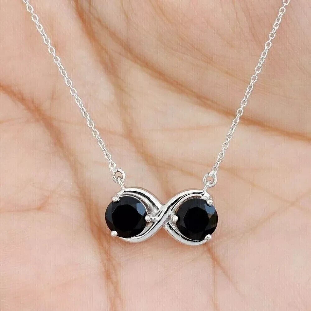 Round Cut Simulated Black Diamond Women's Infinity Pendant 14K White Gold Plated