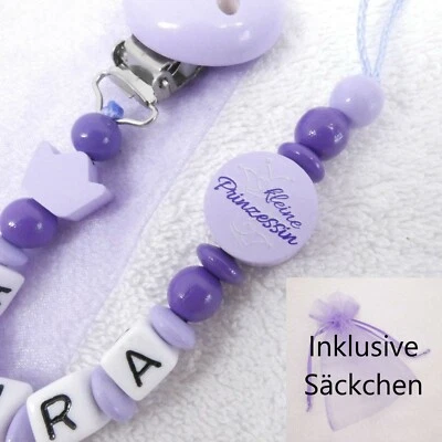 GIFT-STORE24 Schnullerkette mit Namen, flieder, lila, kleine Prinzessin, Krone, Mädchen