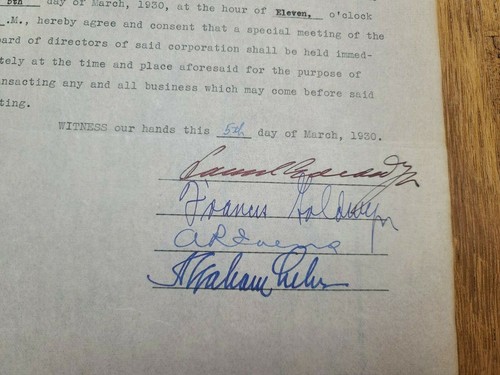 Board of Directors Special Meeting, 1930 signed production company document - Picture 2 of 2