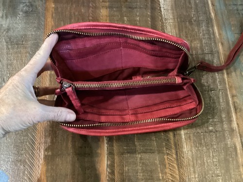 Platania Red Leather zip around Wallet wristlet bronze Studded Italy - Picture 6 of 7