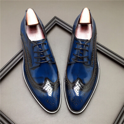 Mens Pointed Toe Brogues Carved Wing Tip Lace Up Real Leather Formal Dress Shoes