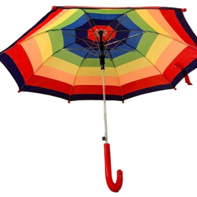 Regenbogen gestreifter Regenschirm für Kinder leicht für Mädchen und Jungen gebogener Griff