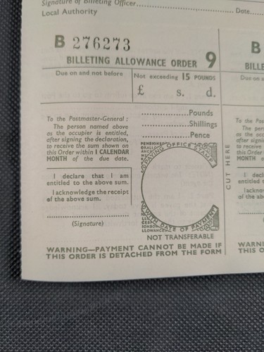 Defence Regulation WW2 Billeting Allowance Order Form Evacuation War Ephemera UK - Picture 6 of 6