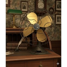 Vintage Emerson Electric Desk Fan Brass Blades Black Cage Cast Iron Base 4 Blade