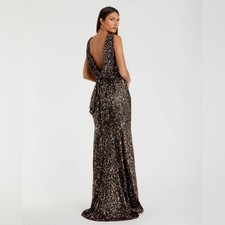 Mac Duggal NWT Black Bronze Sequin Cowl Bow Back Boat Neck Sequined Evening Gown