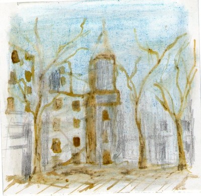 Unique ACEO Cityscape - Hand-Drawn with Iodine Solution on Recycled LED Box